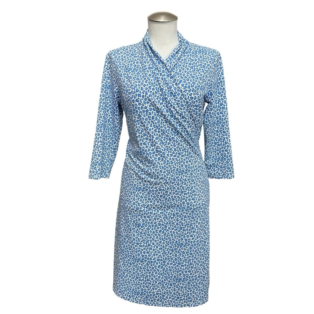 J MCLAUGHLIN Sz M Blue White Print Catalina Cloth Faux Wrap 3/4 Sleeve Dress